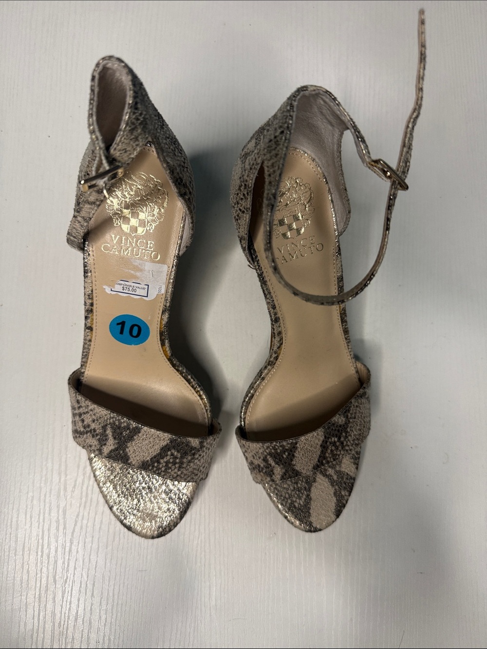 Vince Camuto Metallic Snake-Print Ankle Strap Heels in Gold and Beige